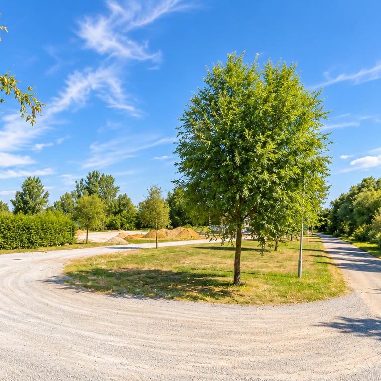 Baustelle mit Kieshaufen und Bäumen unter blauem Himmel mit Wolken